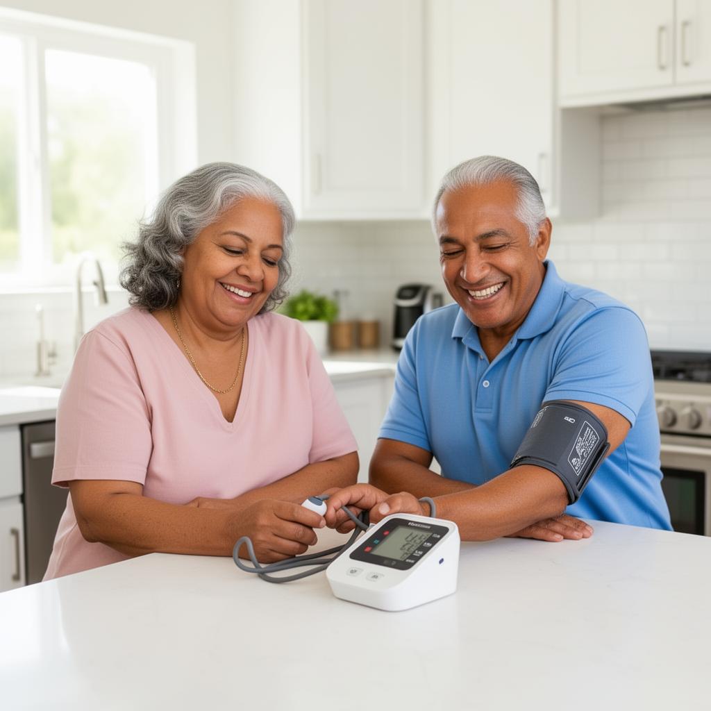Happy Puerto Rican couple checking healthy blood pressure at home