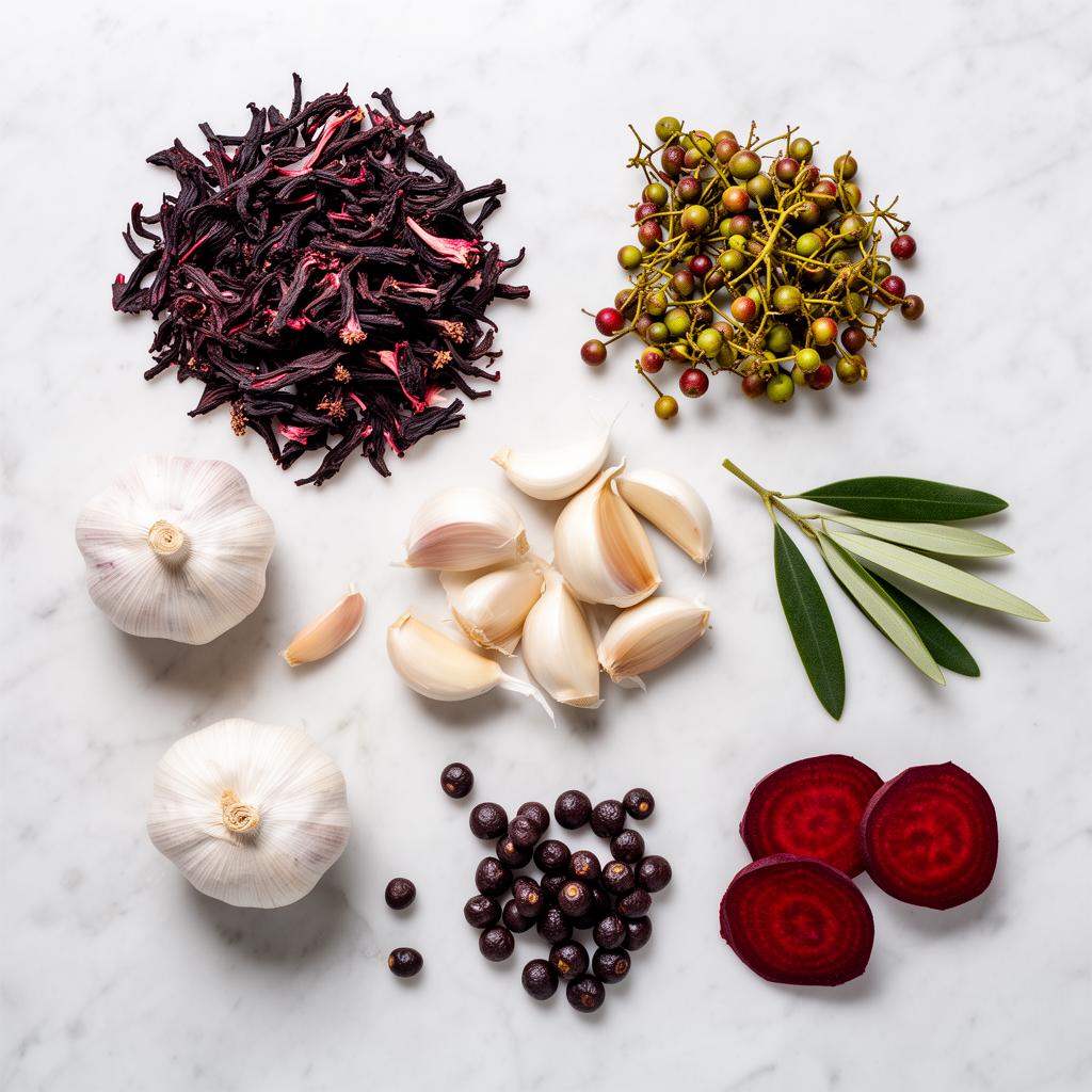 Natural ingredients used in ZUCORYN Blood Pressure: hibiscus, garlic, hawthorn berry, beetroot, olive leaf